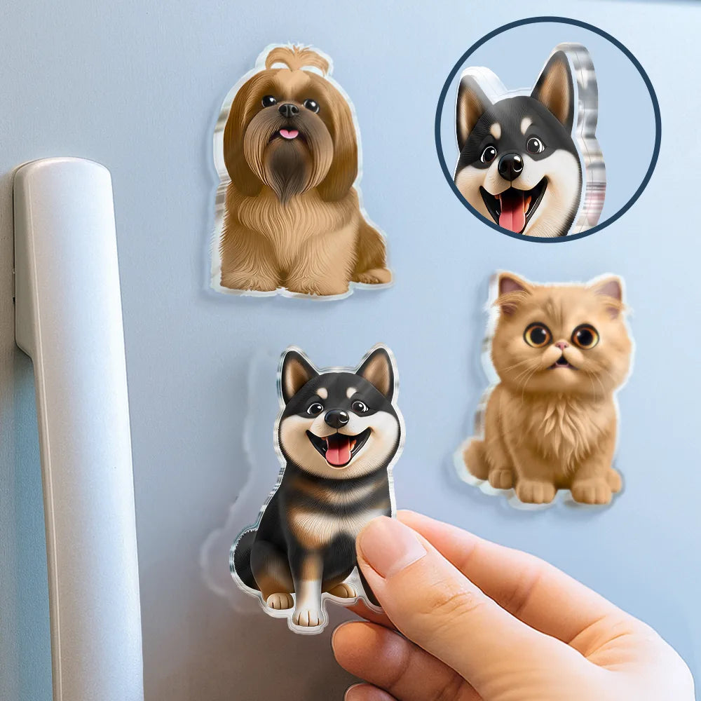 Pet Lovers, Cat Lovers, Dog Lovers, Non-Eng - Cute 3D Effect Dog And Cat With Name - Personalized Acrylic Fridge Magnet