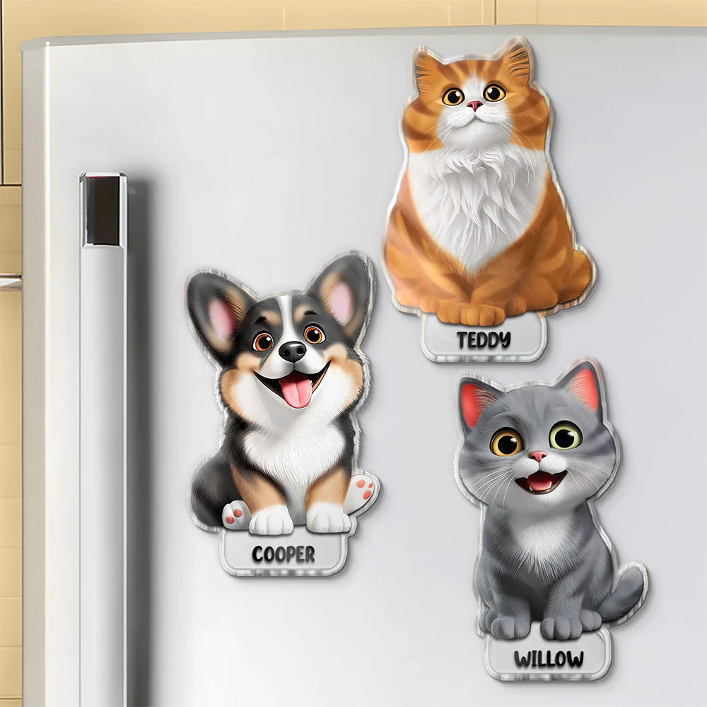 Cute 3D Effect Dog And Cat With Name - Personalized Acrylic Fridge Magnet