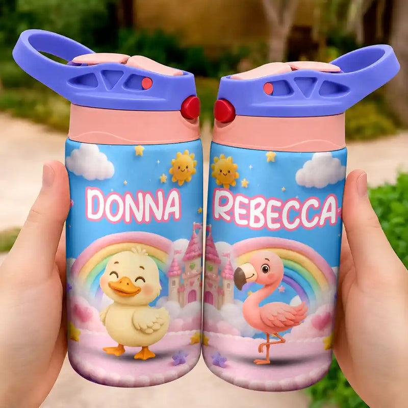 Playful,Back To School,Gift For Kids,Icon - Cute Animal Friends - Personalized Insulated Water Bottle With Straw