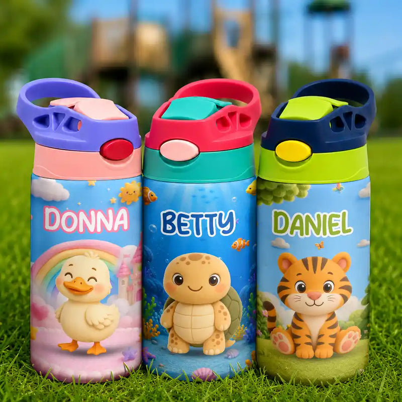 Playful,Back To School,Gift For Kids,Icon - Cute Animal Friends - Personalized Insulated Water Bottle With Straw