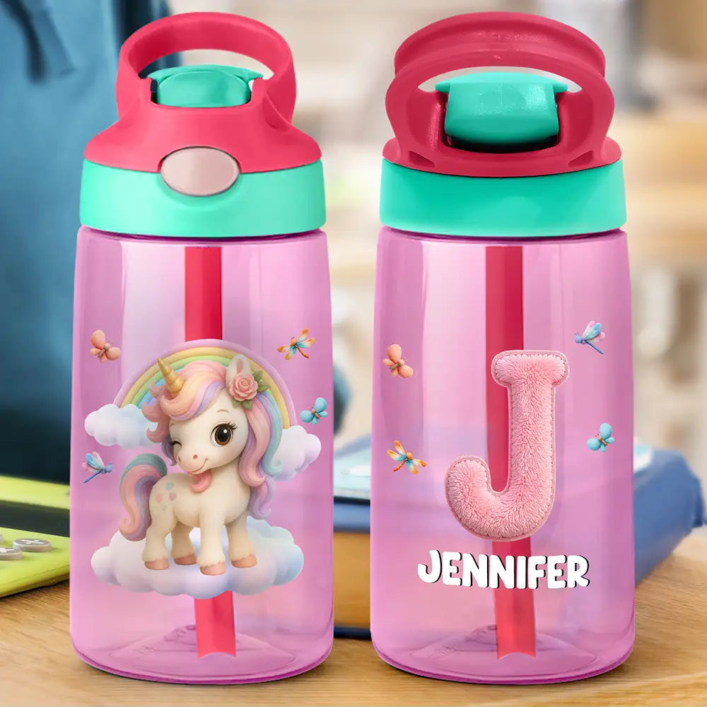 Back To School, Parents, Adorable, Vector - Cute Animal With Faux Embroidery Effect Chenille Alphabet - Personalized Kids Water Bottle With Straw
