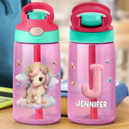 Back To School, Parents, Adorable, Vector - Cute Animal With Faux Embroidery Effect Chenille Alphabet - Personalized Kids Water Bottle With Straw