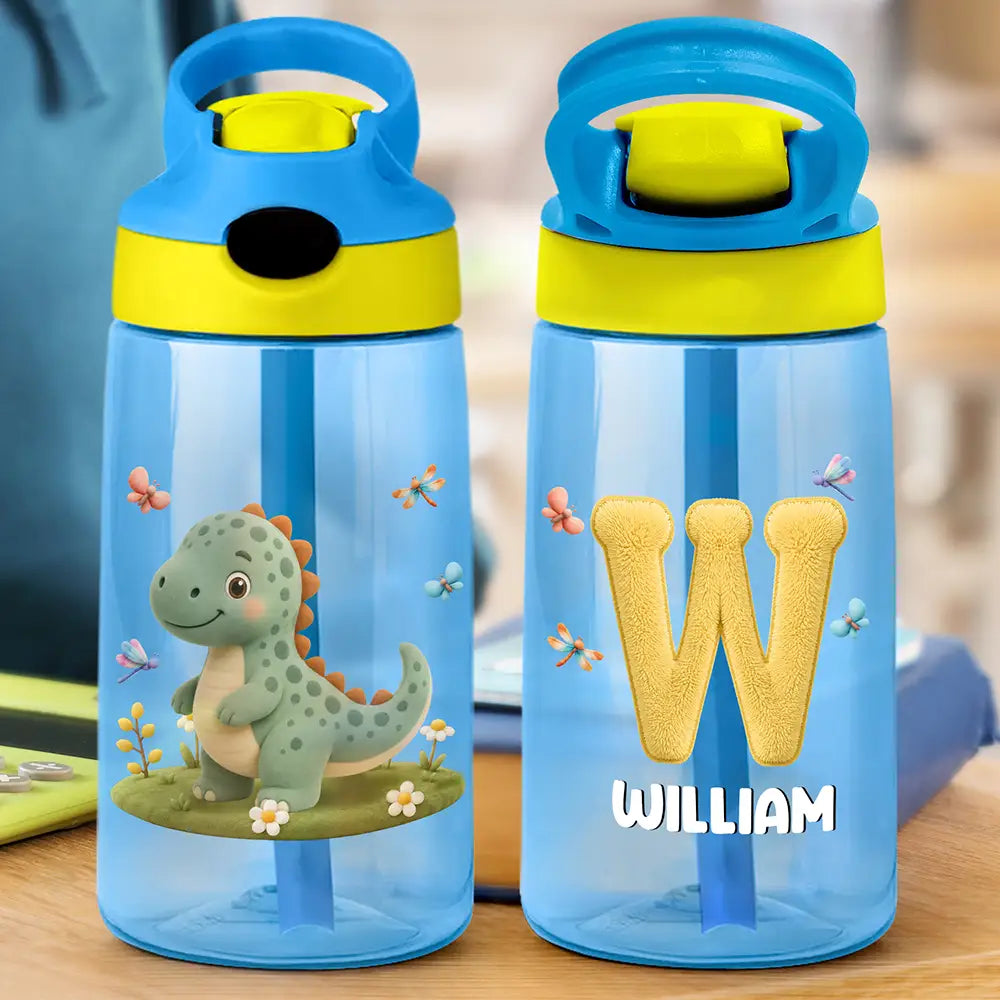 Back To School, Parents, Adorable, Vector - Cute Animal With Faux Embroidery Effect Chenille Alphabet - Personalized Kids Water Bottle With Straw
