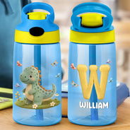 Back To School, Parents, Adorable, Vector - Cute Animal With Faux Embroidery Effect Chenille Alphabet - Personalized Kids Water Bottle With Straw