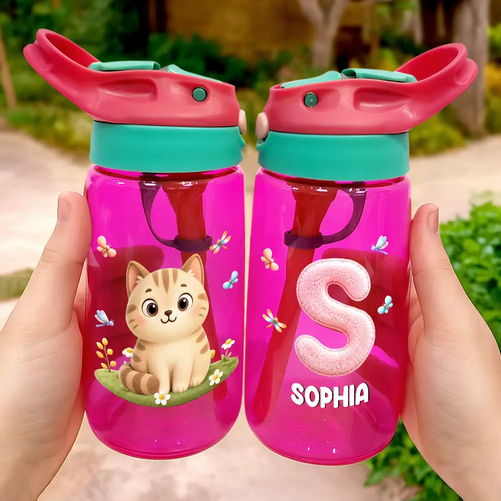 Back To School, Parents, Adorable, Vector - Cute Animal With Faux Embroidery Effect Chenille Alphabet - Personalized Kids Water Bottle With Straw