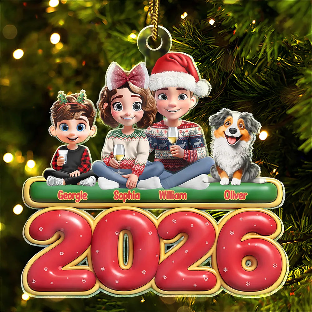 Cute Couple With Kids And Dogs Cats 3D Effect - Personalized Custom Shaped Acrylic Ornament