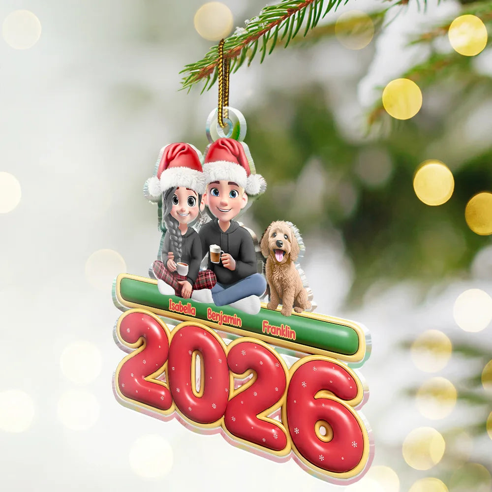 Gift For Couples,Family,Parents,Christmas,Pet Couple - Cute Couple With Kids And Dogs Cats 3D Effect - Personalized Custom Shaped Acrylic Ornament