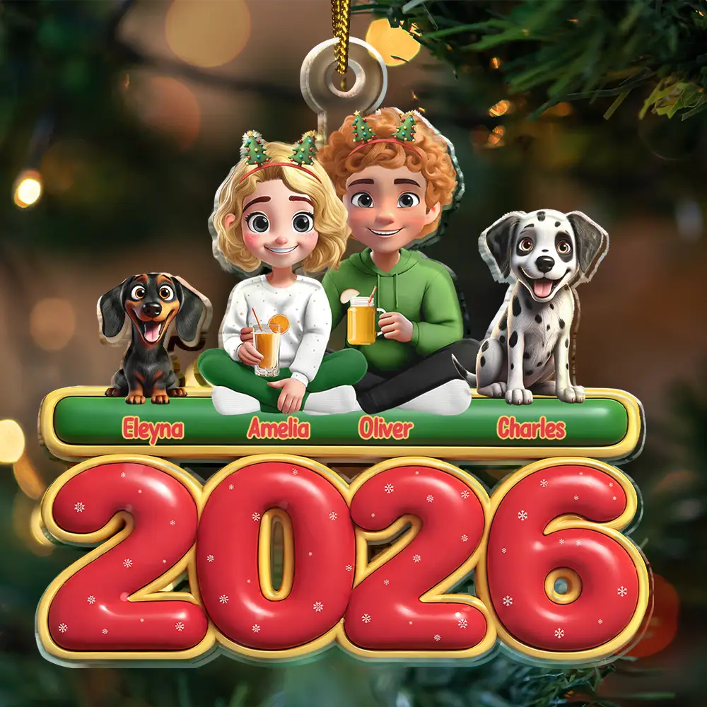 Gift For Couples,Family,Parents,Christmas,Pet Couple - Cute Couple With Kids And Dogs Cats 3D Effect - Personalized Custom Shaped Acrylic Ornament