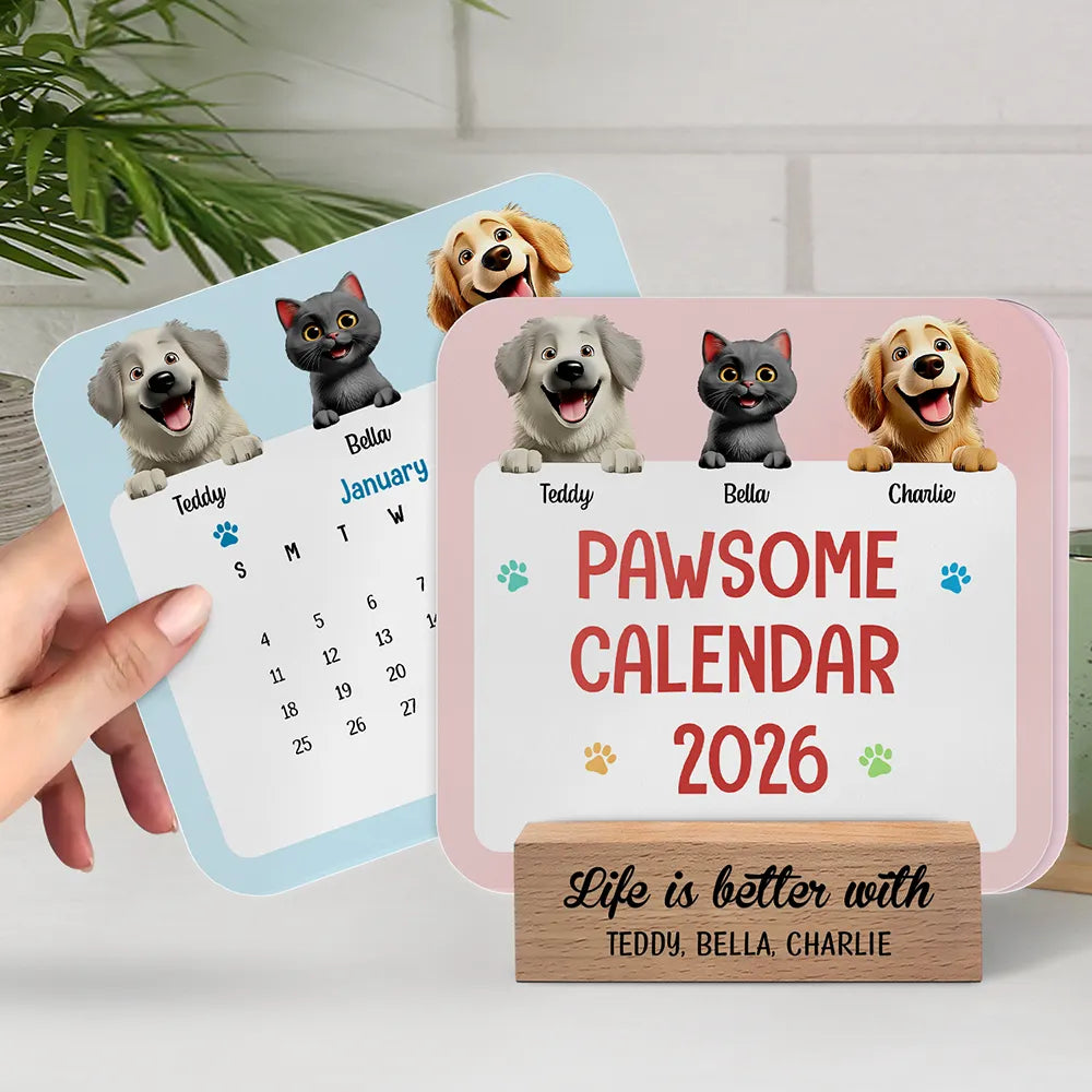 Christmas, Dog Lovers, Happy, Pet Lovers, Cat Lovers - Cute Dog And Cat 3D Effect 2026 - Personalized Calendar With Wooden Stand
