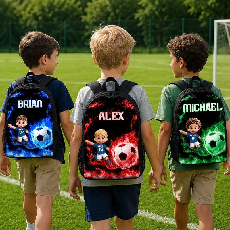 Adorable,Back To School,Football (Soccer),Gift For Kids,Vector - Cute Kid Soccer With Neon Flames - Personalized Kids Backpack