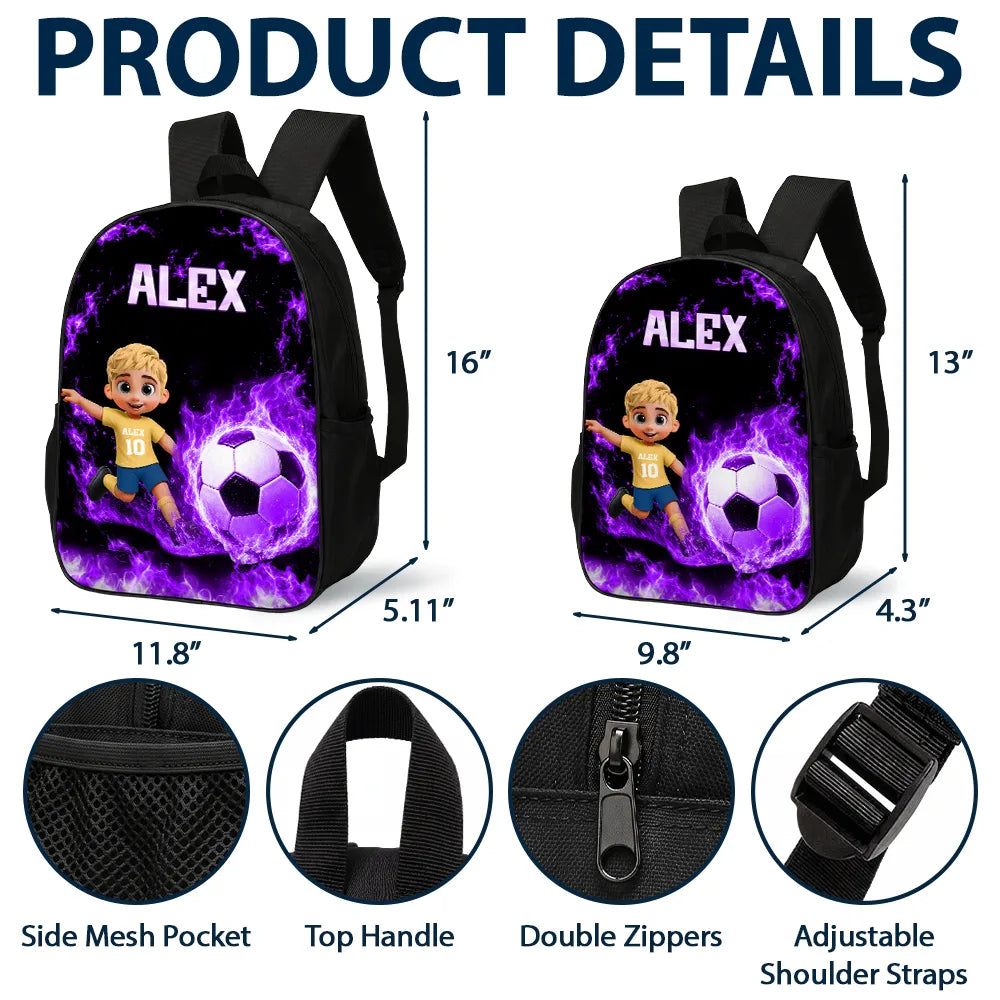 Adorable,Back To School,Football (Soccer),Gift For Kids,Vector - Cute Kid Soccer With Neon Flames - Personalized Kids Backpack
