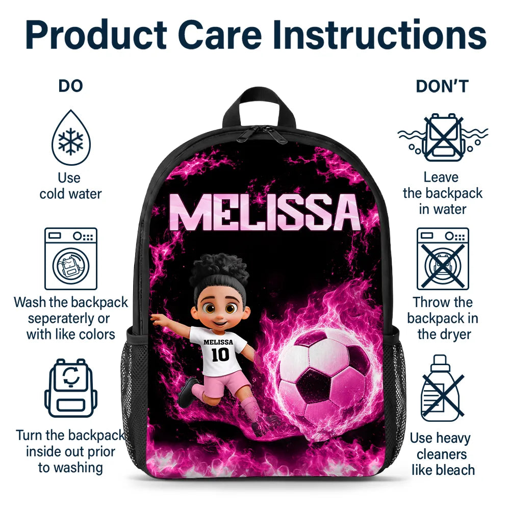 Adorable,Back To School,Football (Soccer),Gift For Kids,Vector - Cute Kid Soccer With Neon Flames - Personalized Kids Backpack