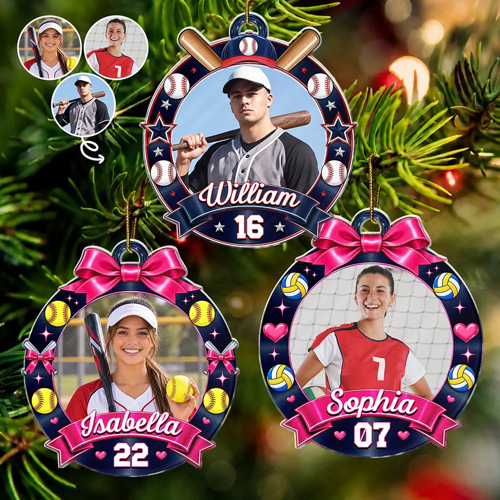 Christmas,Custom Photo,Gift For Mother,Gifts For Her,Happy,Mom - Children,Softball,Upload Full Photo - Christmas Gift For Sports Lovers - Personalized Custom Photo Coquette Bow And Star Acrylic Ornament