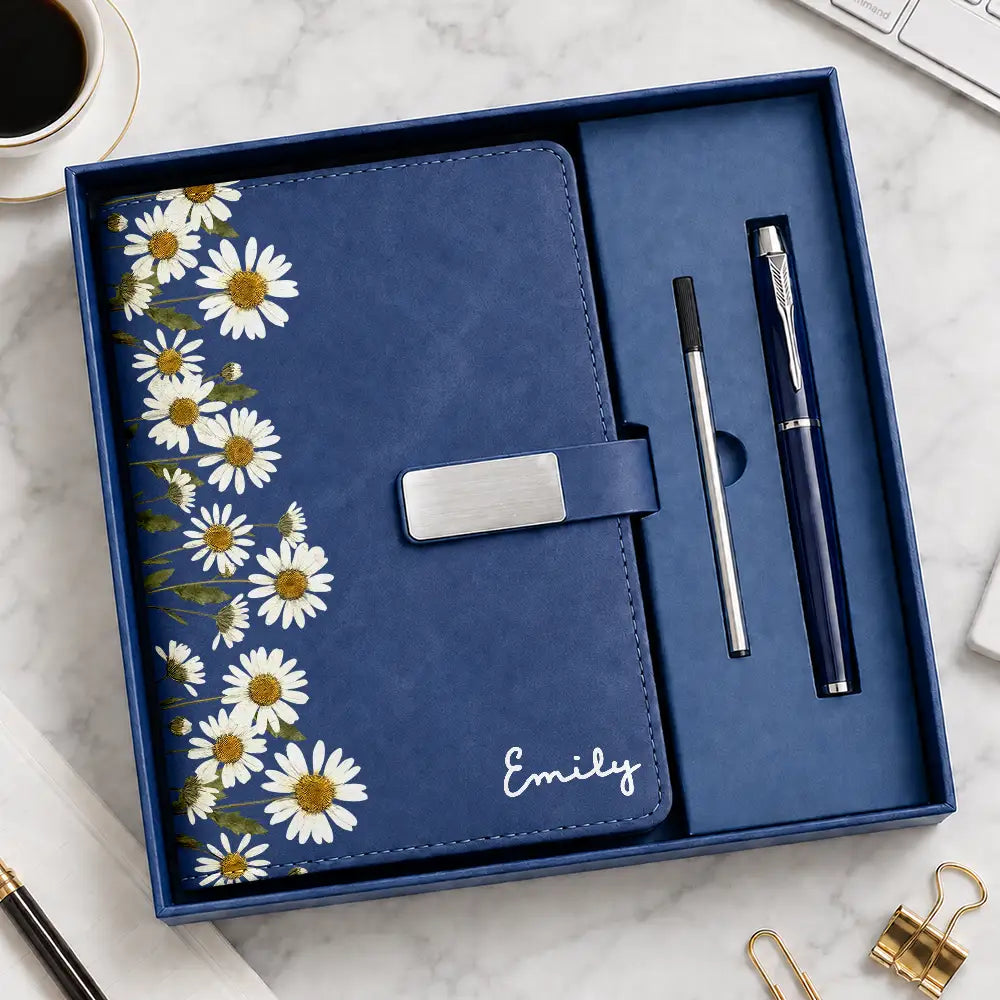Custom Name Faux Pressed Birth Flower - Personalized Leather Notebook Set