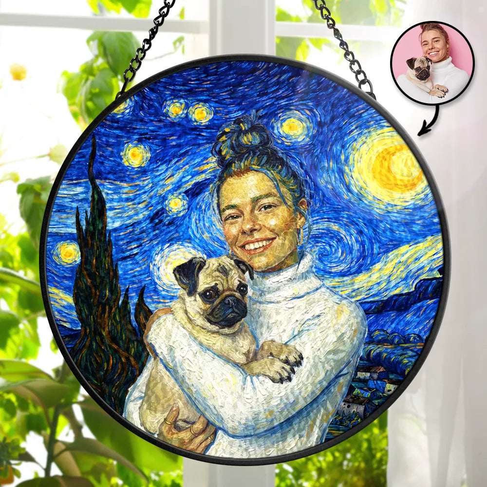 Happy,Dog Lovers,Pet Lovers,Cat Lovers,Dog Mom,Dog Dad,Cat Dad,Cat Mom - Custom Photo Starry Night Dog Mom Cat Mom Pet Lover - Personalized Stained Glass Window Hanging Suncatcher
