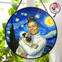 Happy,Dog Lovers,Pet Lovers,Cat Lovers,Dog Mom,Dog Dad,Cat Dad,Cat Mom - Custom Photo Starry Night Dog Mom Cat Mom Pet Lover - Personalized Stained Glass Window Hanging Suncatcher