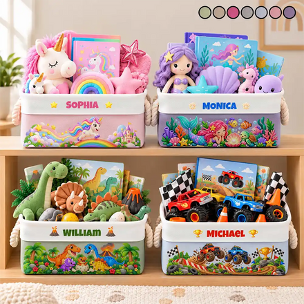 Gift For Kids Boys Girls - Personalized Name Pirate Dinosaur Unicorn Safari World Storage Basket