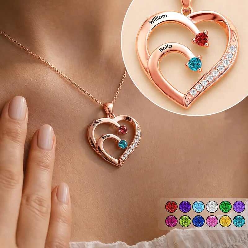 Gift For Women,Gift For Yourself,Gift For Mother,Love,Happy - Custom Name And Gemstones Jewelry For Grandma Mom - Personalized Birthstone Heart Necklace