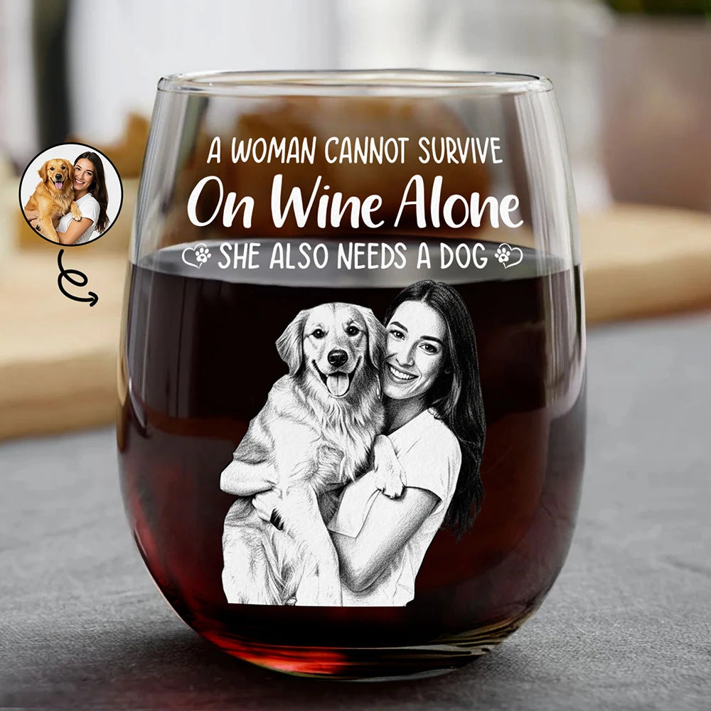 Custom Photo Pencil Sketch Art A Woman Cannot Survive On Wine Alone Dog - Personalized Stemless Wine Glass
