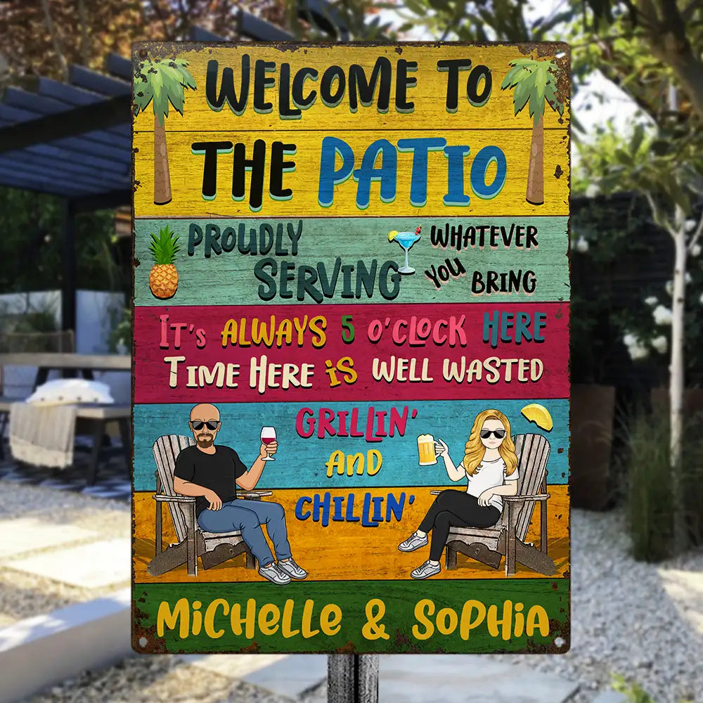 Patio Welcome Grilling Proudly Serving Whatever You Bring Husband Wife Couple Single - Backyard Sign - Personalized Custom Classic Metal Signs