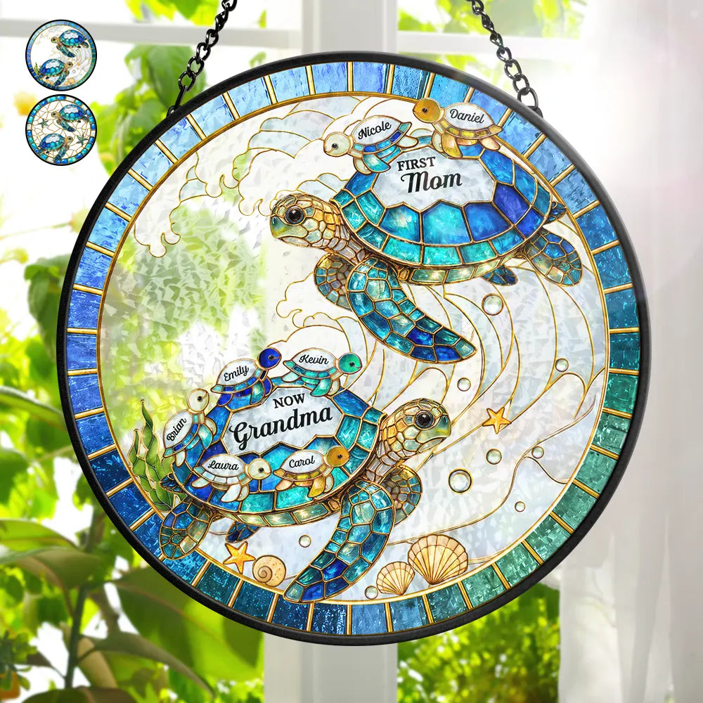 Summer,Gift For Grandma,Grandma - Grandkids,Beach,Happy - First Mom Now Grandma Stained Glass Turtle - Personalized Stained Glass Window Hanging Suncatcher