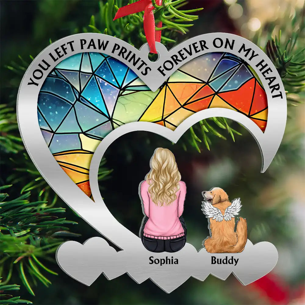 Pet Lovers,Dog Lovers,Cat Lovers,Sad,Christmas - Flower Field You Left Paw Prints Forever On My Heart - Personalized Metal Ornament