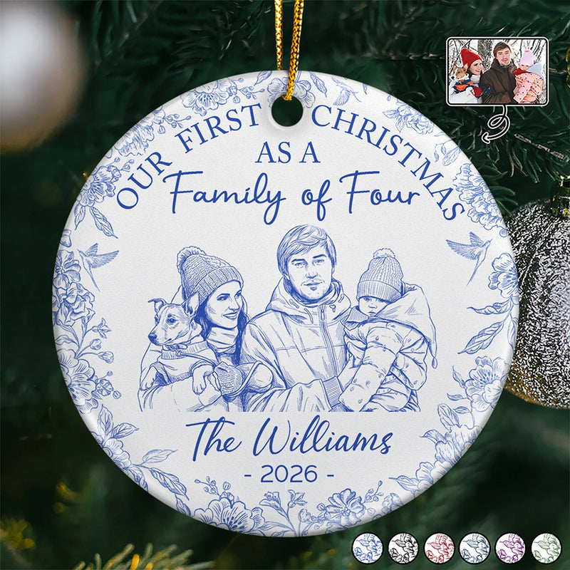 Custom Photo Pencil Sketch First Christmas As A Family Of Four Toile - Personalized Circle Ceramic Ornament