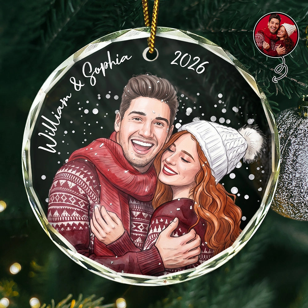 Art Design,Christmas,Romantic,Gift For Couples,Photo - Vivid Watercolor Art - Custom Photo Vivid Watercolor Art Anniversary Loving Couple - Personalized Circle Glass Ornament