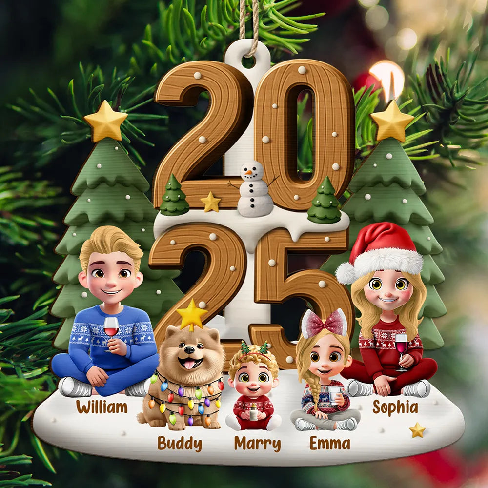 3D Effect Christmas Sitting Family - Personalized Custom Shaped Wooden Ornament