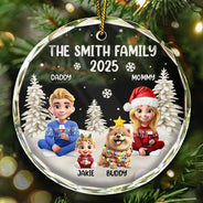 Happy, Gift For Couples, Gift For Husband, Gift For Wife, Parents, Family, Dog Lovers, Cat Lovers, Pet Lovers - Family Kid Cat Dog - Personalized Circle Glass Ornament