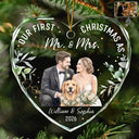 First Christmas,Art Design,Christmas,Married Couple,Romantic,Gift For Couples,Photo - Watercolor - Remove BG - Custom Photo Realistic Watercolor Art Our First Christmas As Mr & Mrs Wedding Couple Pet - Personalized Heart Shaped Glass Ornament