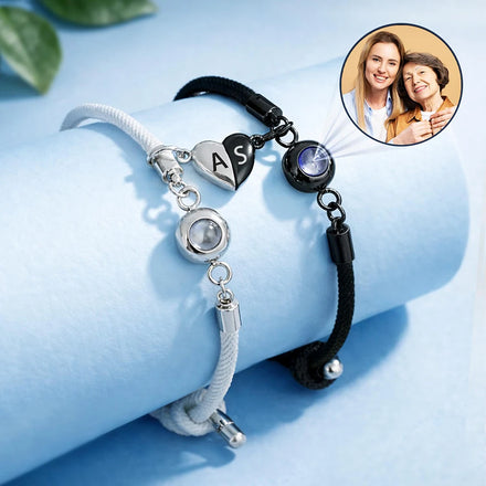 Custom Photo Mother And Daughter Forever Linked Together - Personalized Photo Projection Bracelet Magnetic Initial