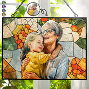 Gift For Wife,Gift For Mother,Gift For Grandma,Love,Family,Gift For Bestie,Gift For Couples,Dog Lovers,Cat Lovers - Custom Photo Stained Glass Mom Grandma Parents Family Bestie Couple - Personalized Horizontal Stained Glass Suncatcher