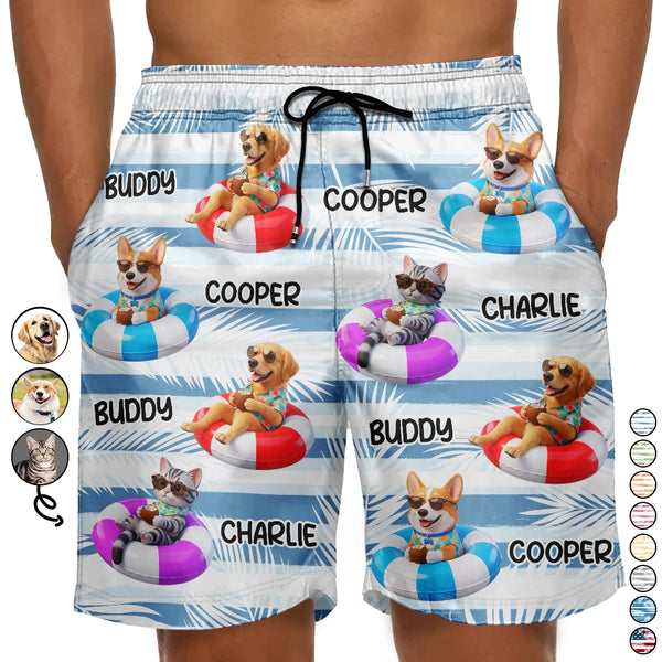 Custom Photo, Art Design, Summer, Pet Lovers, Playful, Photo - Swimming Float 3D Effect - Custom Photo 3D Summer Concept Poolside Beach Vacation Dog Cat - Personalized Unisex Beach Shorts