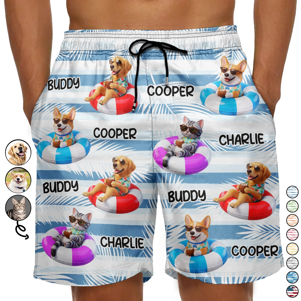 Custom Photo, Art Design, Summer, Pet Lovers, Playful, Photo - Swimming Float 3D Effect - Custom Photo 3D Summer Concept Poolside Beach Vacation Dog Cat - Personalized Unisex Beach Shorts