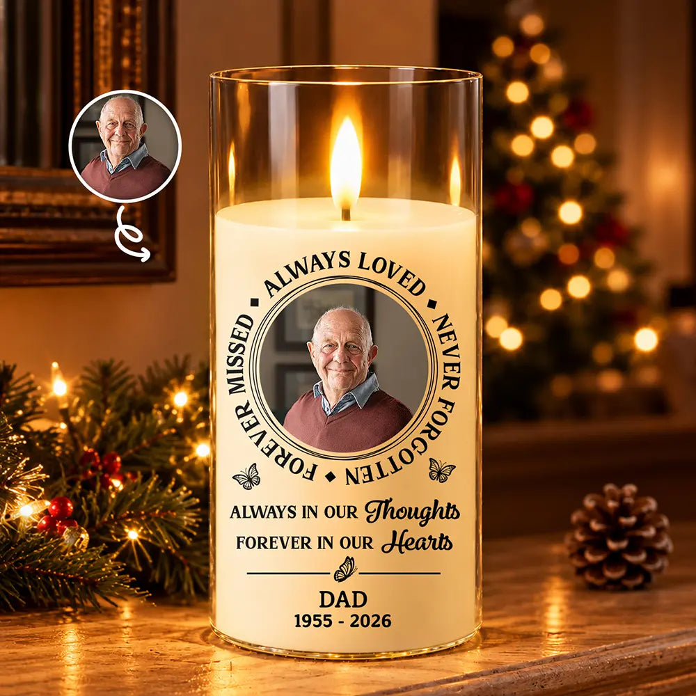 Christmas,Custom Photo,Family,Memorial,Memorial Loved One,Sympathetic,Upload Full Photo - Memorial Sympathy Gift For Loss Of Parent - Personalized Custom Photo Always Loved Never Forgotten LED Candle