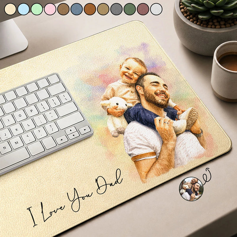 Gift For Husband,Gift For Yourself,Gift For Men,Gift For Father,Gift For Grandpa,Non-Eng,Photo - Watercolor (remove BG),Cozy - Custom Photo Realistic Watercolor Art I Love You Dad Grandpa - Personalized Leather Desk Mat