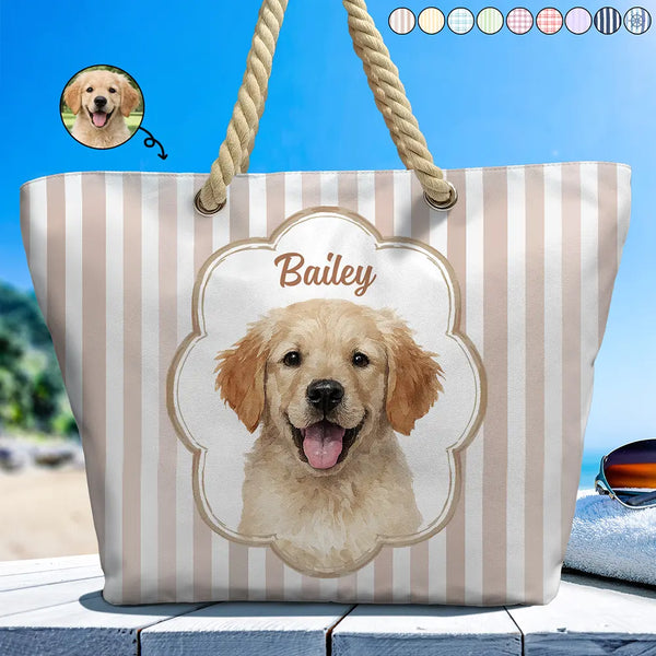 Happy,Dog Lovers,Pet Lovers,Cat Lovers - Custom Photo Realistic Watercolor Art Watercolor Dog Cat Pet Portrait Vintage - Personalized Beach Bag