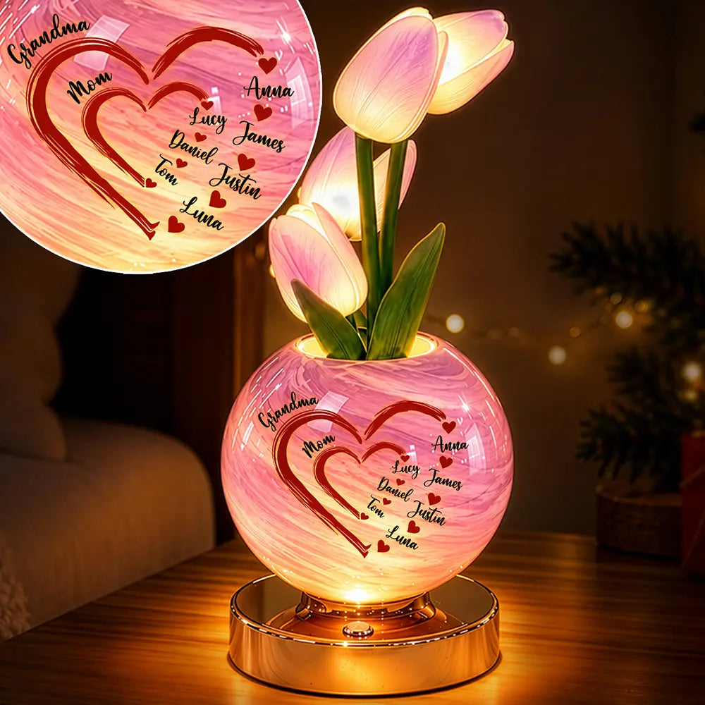 Christmas,Custom Text,Gift For Grandma,Gifts For Her,Grateful,Indoor Decor - Bedside Christmas Home Decor Gift For Grandma, Mom - Personalized With Kid's Name Sweethearts Tulip LED Night Light