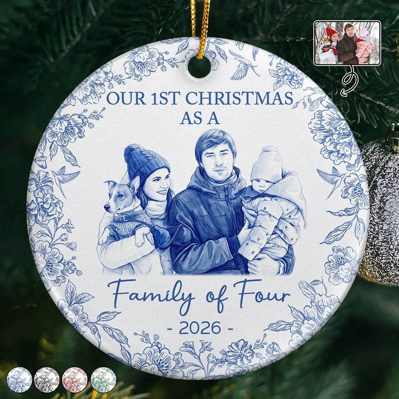 Art Design,Christmas,Family,Photo - Porcelain Art Style,Happy - Custom Photo Single-Color Watercolor First Christmas As A Family Of Four - Personalized Circle Ceramic Ornament