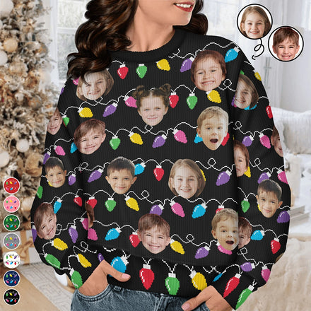 Custom Photo Funny Kid Face Christmas Light - Personalized Unisex Ugly Sweater