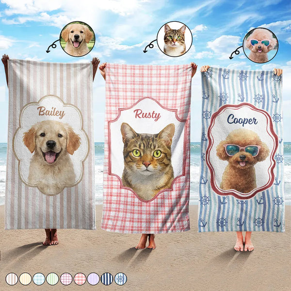 Happy, Dog Lovers, Pet Lovers, Cat Lovers - Custom Photo Realistic Watercolor Art Watercolor Dog Cat Pet Portrait Vintage - Personalized Beach Towel
