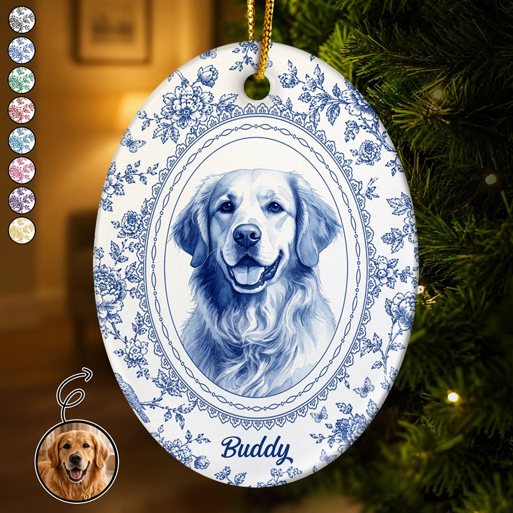 Art Design,Christmas,Cozy,Pet Lovers,Photo - Porcelain Art Style- Custom Photo Single-Color Watercolor Loving Dog Cat Pet Family Portrait - Personalized Oval Ceramic Ornament