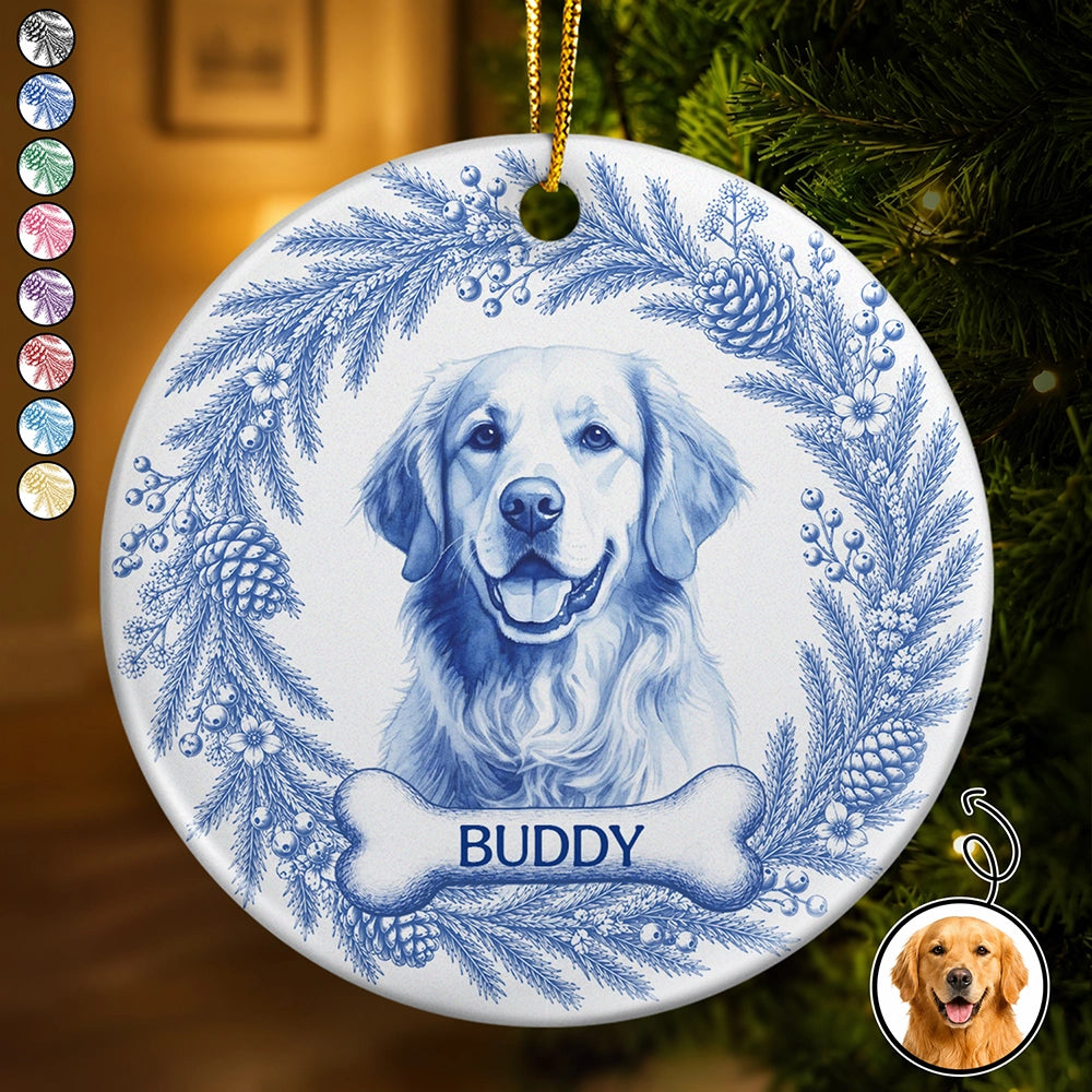 Custom Photo Single-Color Watercolor Loving Dog Cat Portrait - Personalized Circle Ceramic Ornament