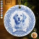 Art Design,Christmas,Cozy,Pet Lovers,Photo - Porcelain Art Style - Custom Photo Single-Color Watercolor Loving Dog Cat Pet Portrait - Personalized Circle Ceramic Ornament