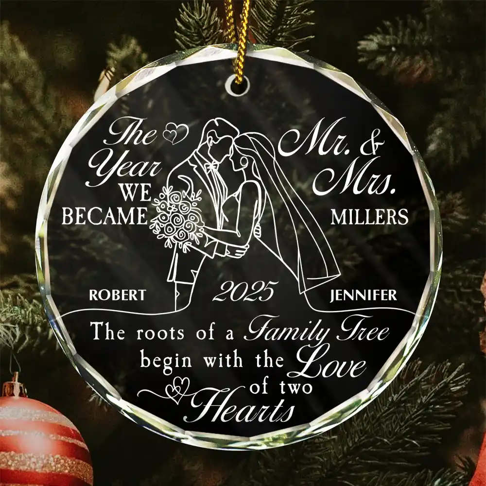Gift For Couples,Wedding Anniversary,Married ,Christmas,Love - First Christmas Couple The Roots Of A Family Tree Begin - Personalized Circle Glass Ornament 
