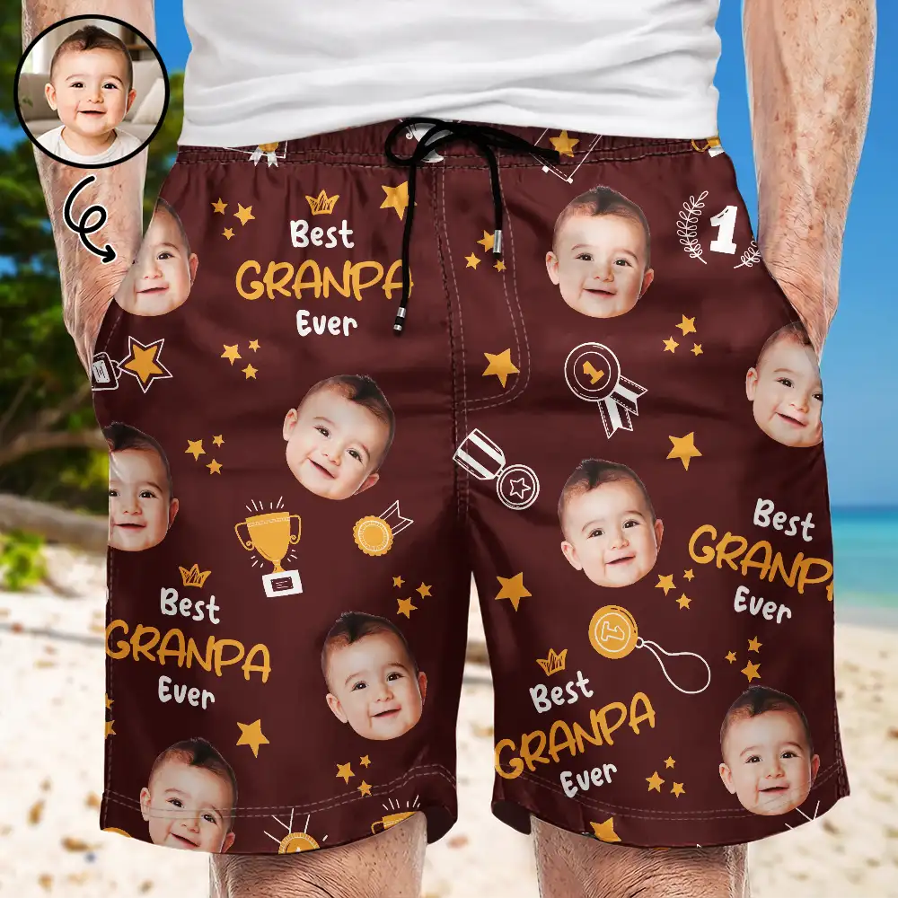 Custom Photo Best Papa Ever Trophy Dad - Personalized Unisex Beach Shorts