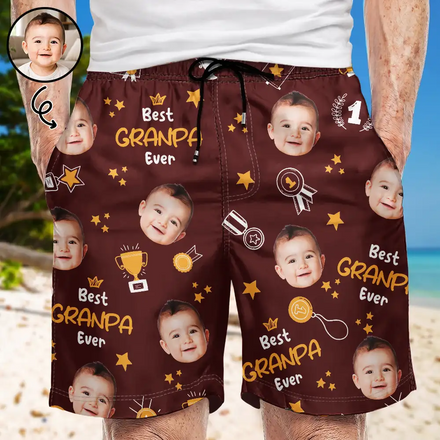Custom Photo Best Papa Ever Trophy Dad - Personalized Unisex Beach Shorts