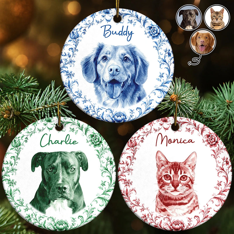 Art Design, Christmas, Cozy, Pet Lovers, Photo - Porcelain Art Style - Custom Photo Single-Color Watercolor Loving Dog Cat Pet Portrait - Personalized Circle Ceramic Ornament