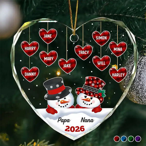 Papa Nana Snowman Christmas Grandparents - Personalized Heart Shaped Glass Ornament